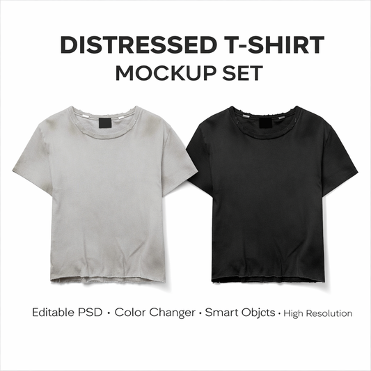 Distressed T-Shirt Mockup Set – White, Black & Grey (Editable PSD)