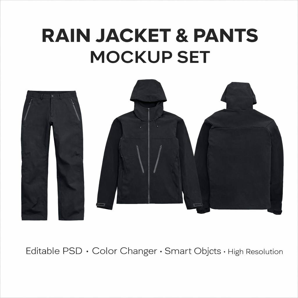 Rain Jacket & Pants Mockup Set – Editable PSD (Front & Back) – All Colors Except Pink