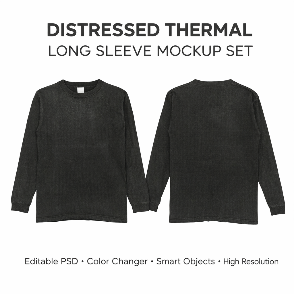 Distressed Thermal Long Sleeve Mockup Set – Editable PSD (Front & Back) – All Colors